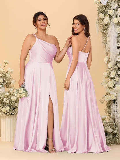 A Line Princess Spaghetti Straps Sleeveless Long Ruched Bridesmaid Dresses With Split Side