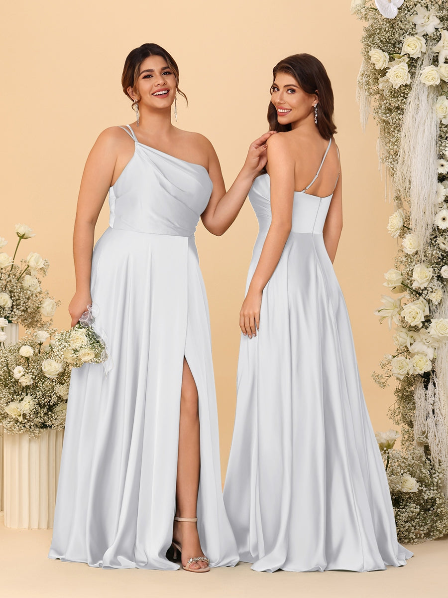 A Line Princess Spaghetti Straps Sleeveless Long Ruched Bridesmaid Dresses With Split Side