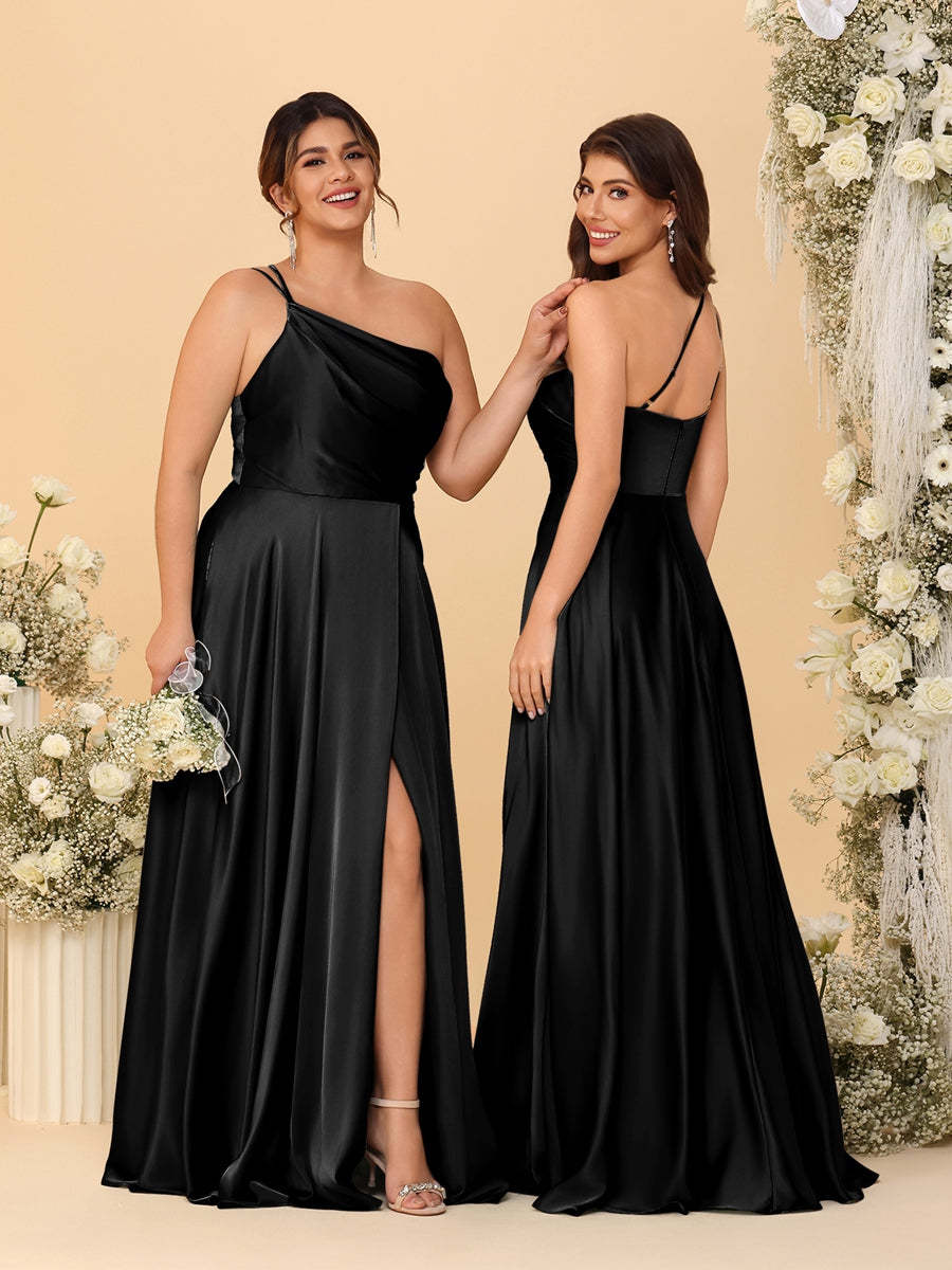 A Line Princess Spaghetti Straps Sleeveless Long Ruched Bridesmaid Dresses With Split Side