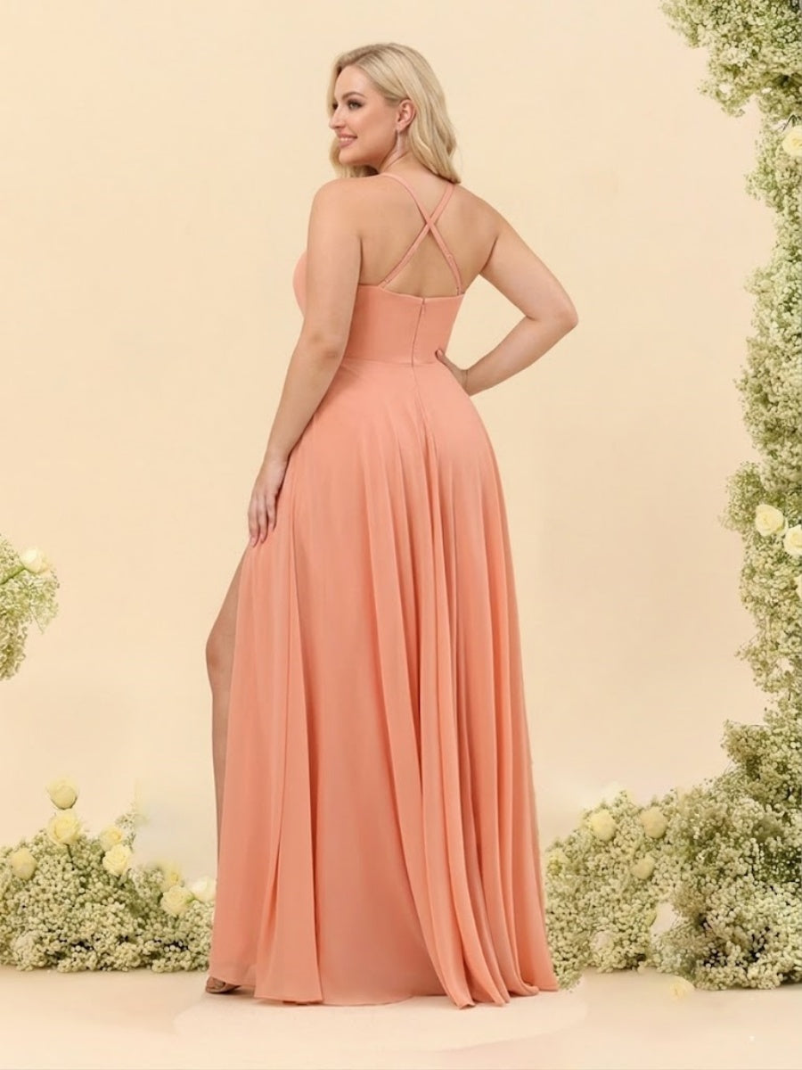 A Line Princess Spaghetti Straps V Neck Long Plus Size Bridesmaid Dresses with Split Side Ruffles