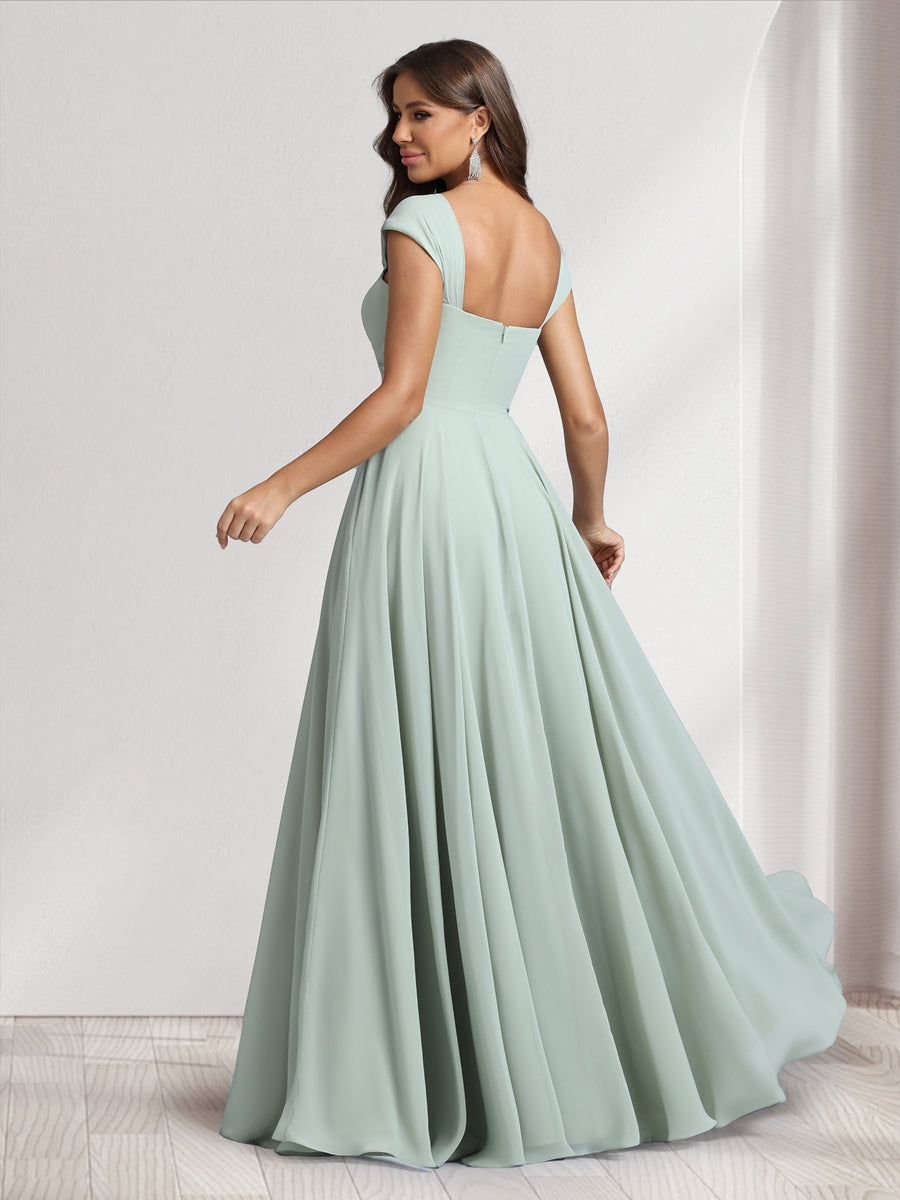 A Line Princess Square Neck Floor Length Bridesmaid Dresses With Pockets