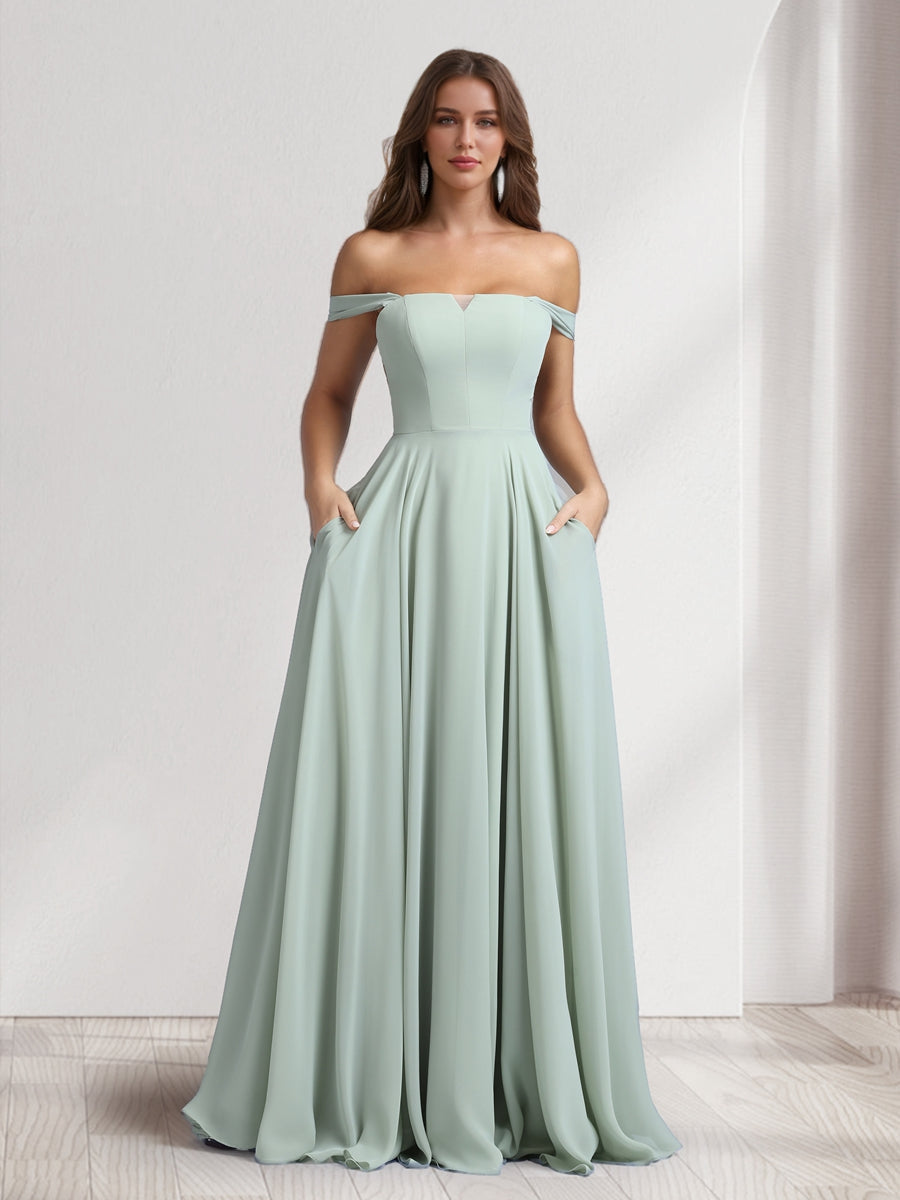 A Line Princess Square Neck Floor Length Bridesmaid Dresses With Pockets