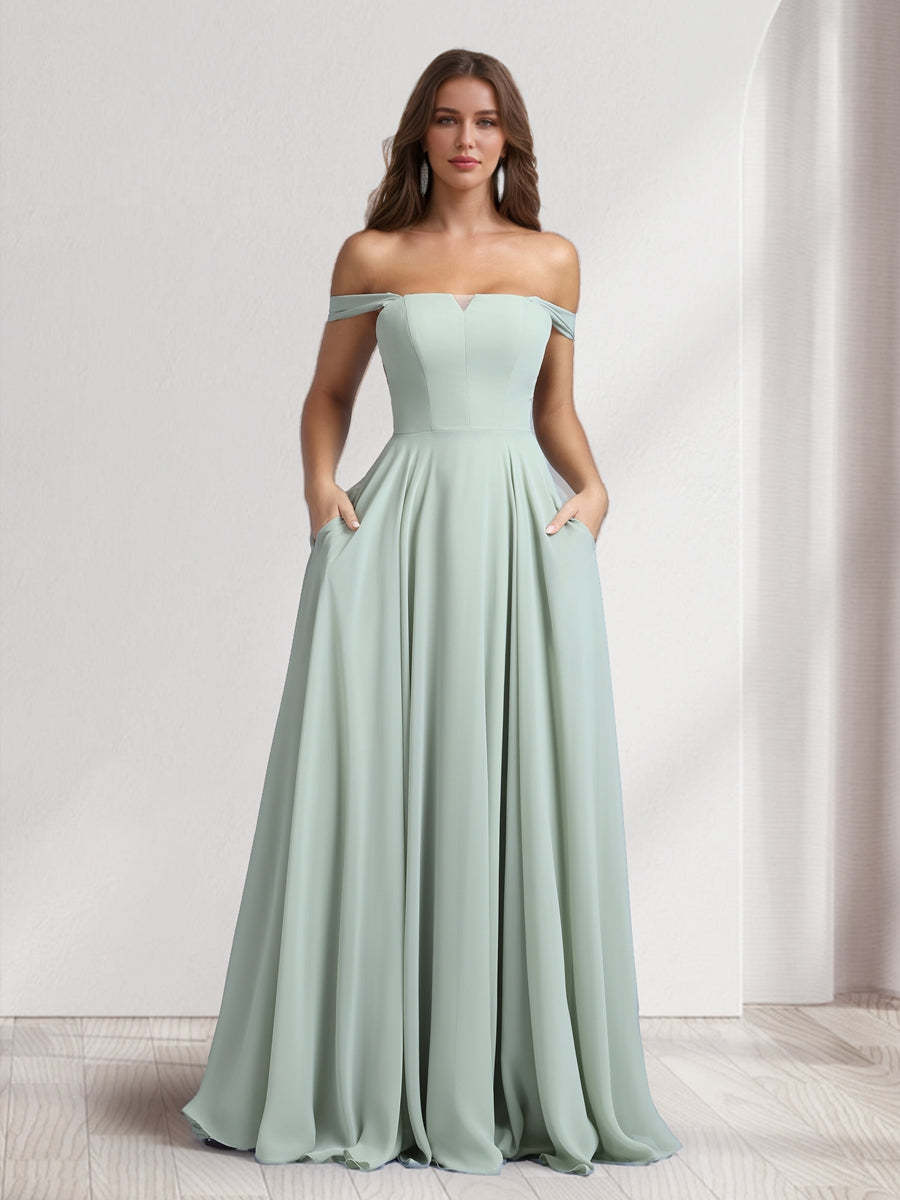 A Line Princess Square Neck Floor Length Bridesmaid Dresses With Pockets