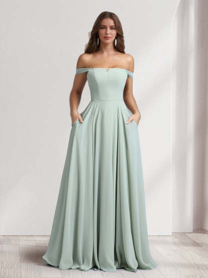 A Line Princess Square Neck Floor Length Bridesmaid Dresses With Pockets