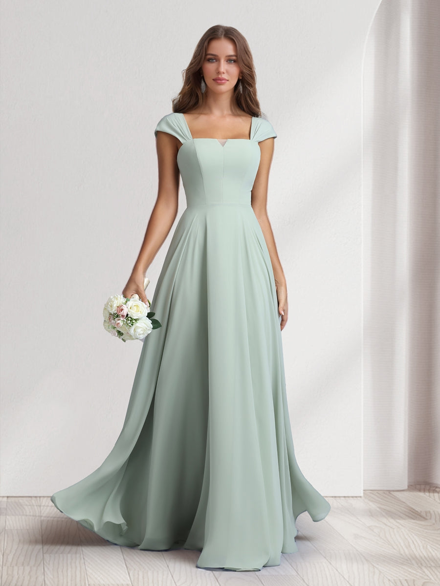 A Line Princess Square Neck Floor Length Bridesmaid Dresses With Pockets