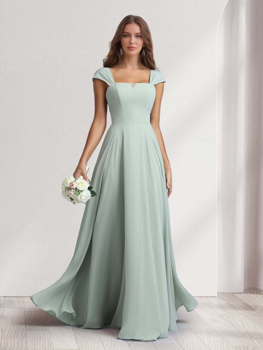 A Line Princess Square Neck Floor Length Bridesmaid Dresses With Pockets