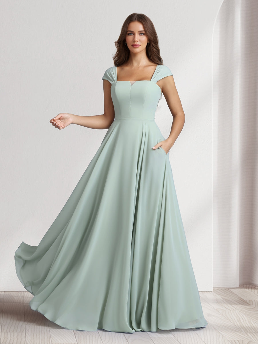 A Line Princess Square Neck Floor Length Bridesmaid Dresses With Pockets
