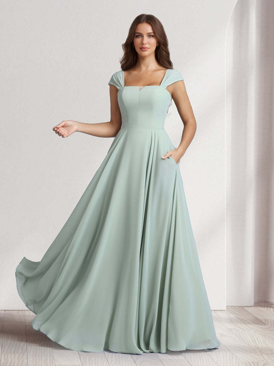 A Line Princess Square Neck Floor Length Bridesmaid Dresses With Pockets