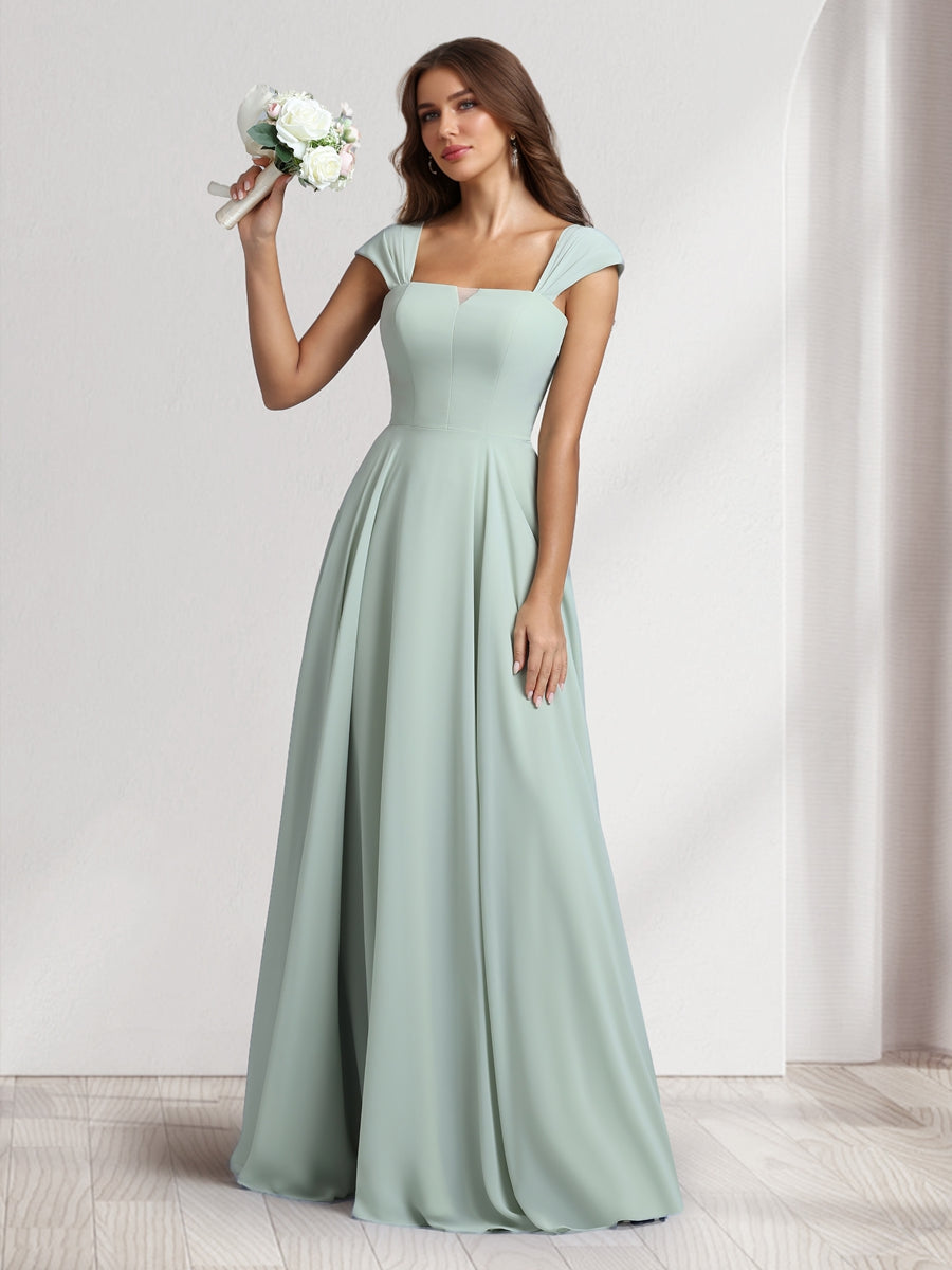 A Line Princess Square Neck Floor Length Bridesmaid Dresses With Pockets