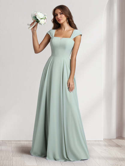 A Line Princess Square Neck Floor Length Bridesmaid Dresses With Pockets