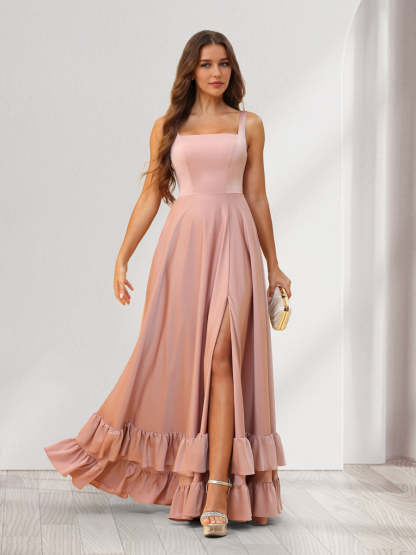 A Line Princess Square Neck Floor Length Bridesmaid Dresses With Ruffles Split Side