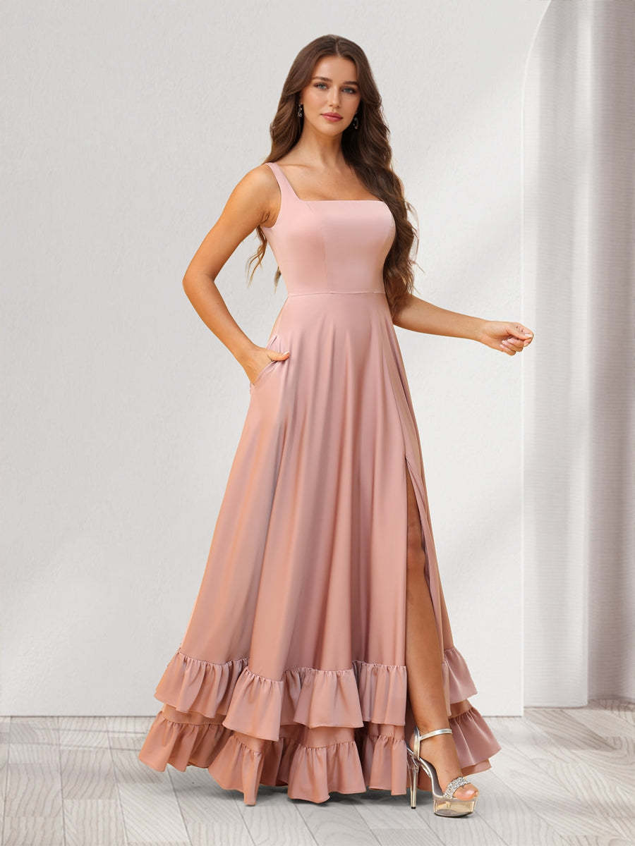 A Line Princess Square Neck Floor Length Bridesmaid Dresses With Ruffles Split Side