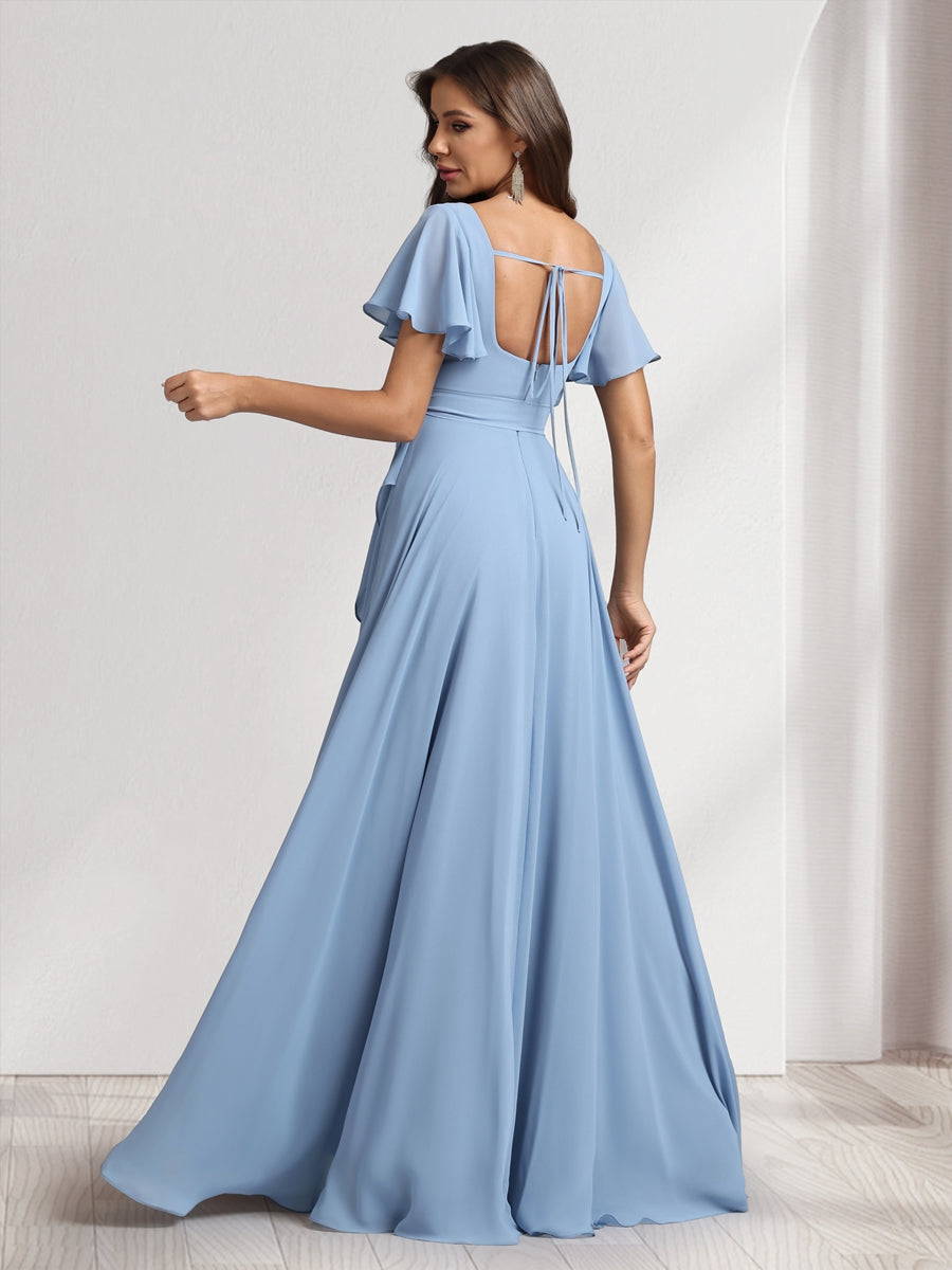 A Line Princess Square Neck Short Sleeves Floor Length Bridesmaid Dresses With Sash Split Side