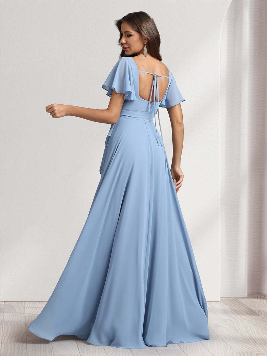 A Line Princess Square Neck Short Sleeves Floor Length Bridesmaid Dresses With Sash Split Side