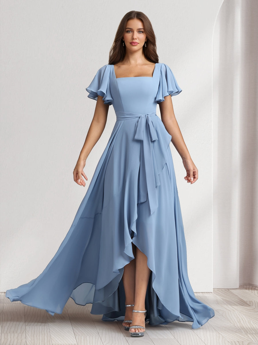 A Line Princess Square Neck Short Sleeves Floor Length Bridesmaid Dresses With Sash Split Side