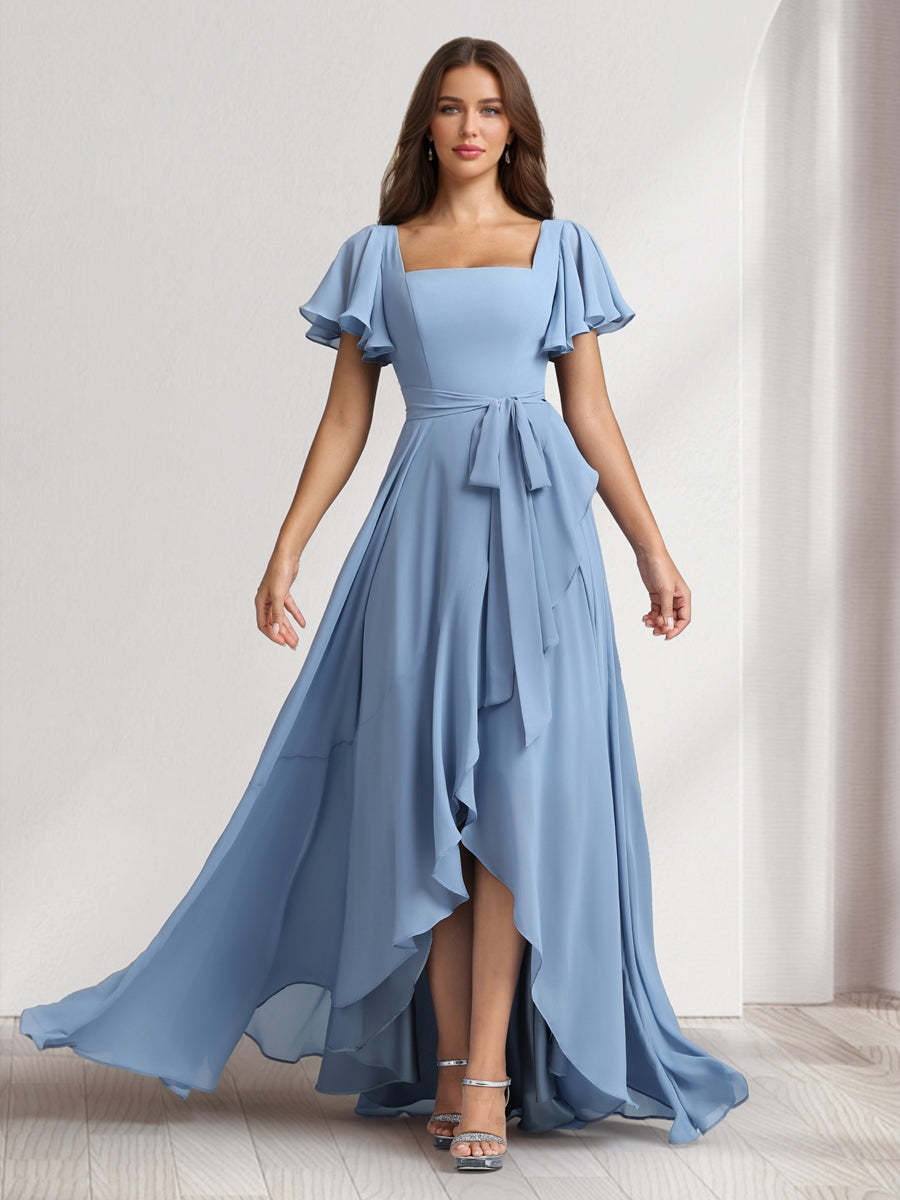 A Line Princess Square Neck Short Sleeves Floor Length Bridesmaid Dresses With Sash Split Side