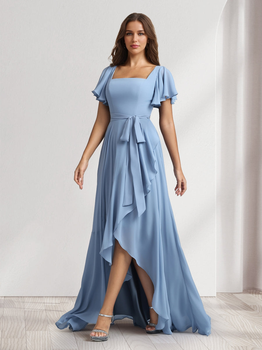 A Line Princess Square Neck Short Sleeves Floor Length Bridesmaid Dresses With Sash Split Side