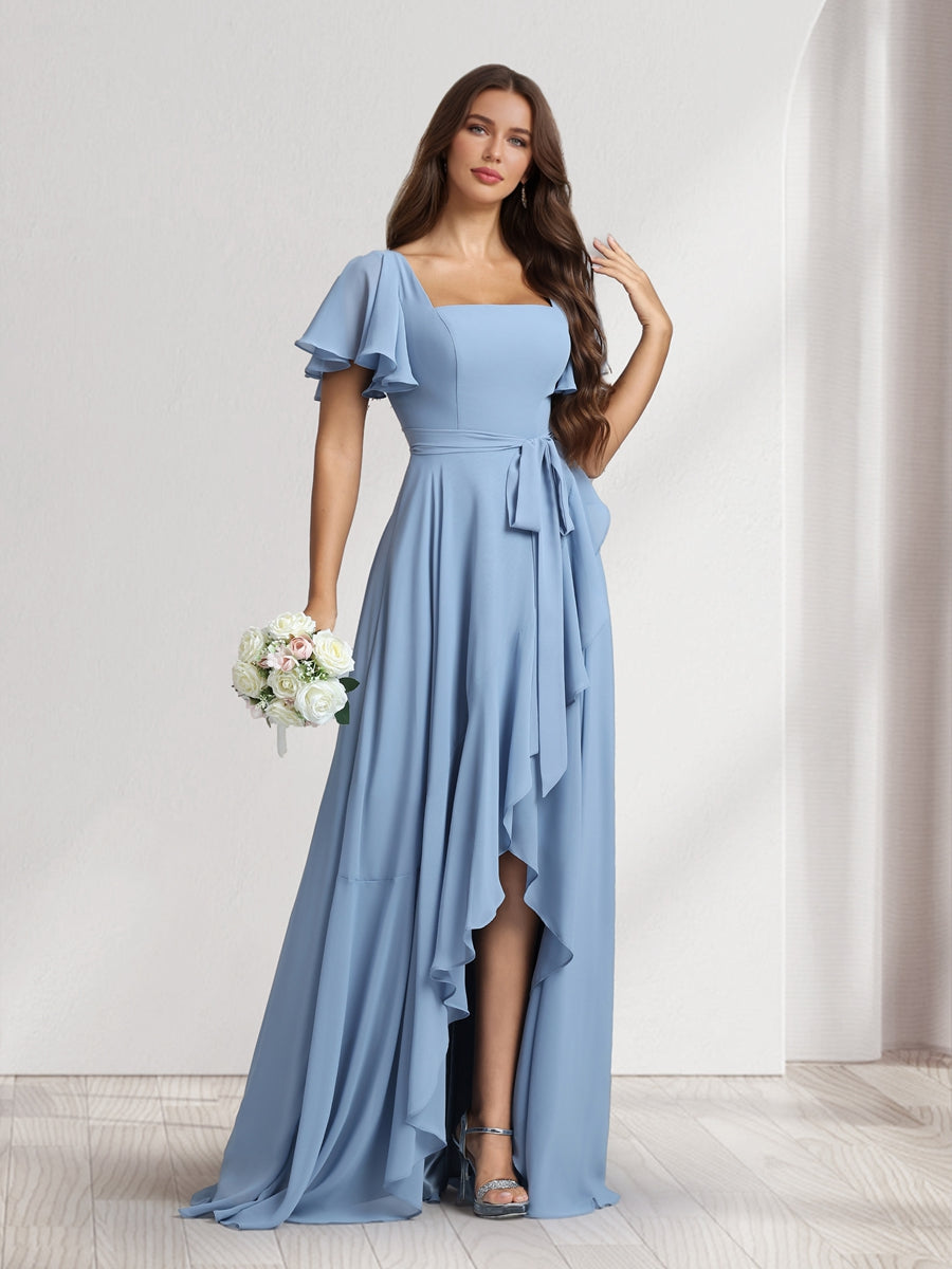 A Line Princess Square Neck Short Sleeves Floor Length Bridesmaid Dresses With Sash Split Side
