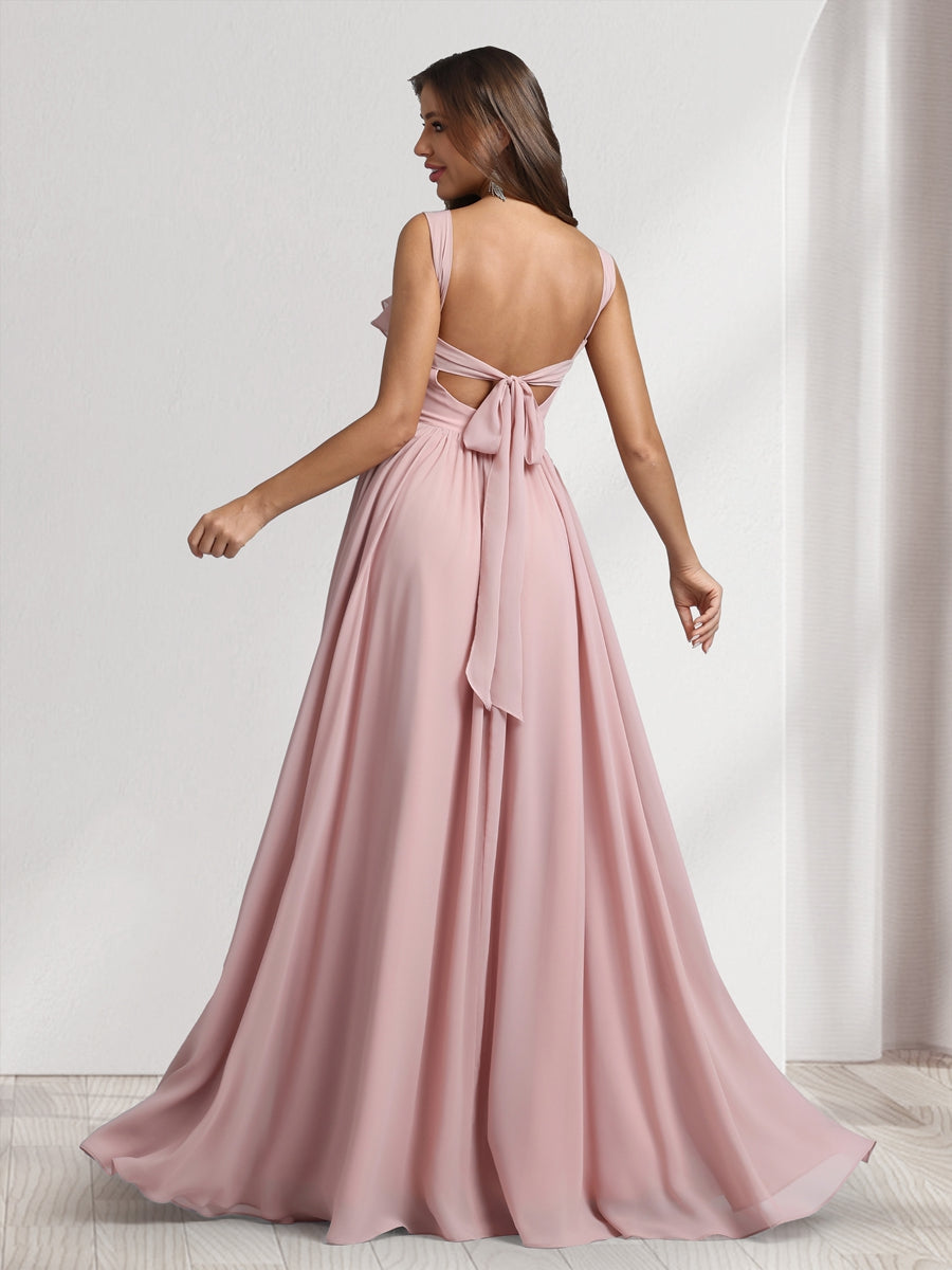 A Line Princess Square Neck Sleeveless Floor Length Bridesmaid Dresses With Pleats Ruffles