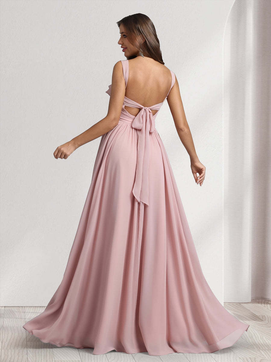 A Line Princess Square Neck Sleeveless Floor Length Bridesmaid Dresses With Pleats Ruffles