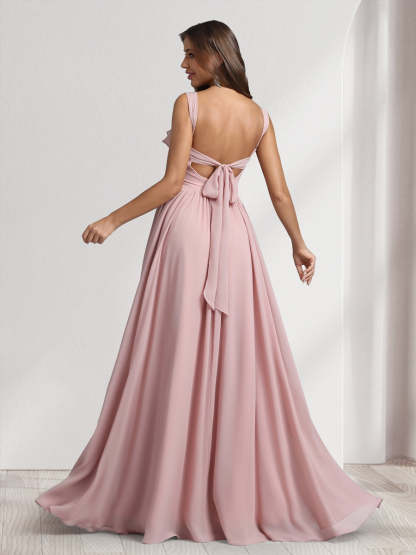 A Line Princess Square Neck Sleeveless Floor Length Bridesmaid Dresses With Pleats Ruffles