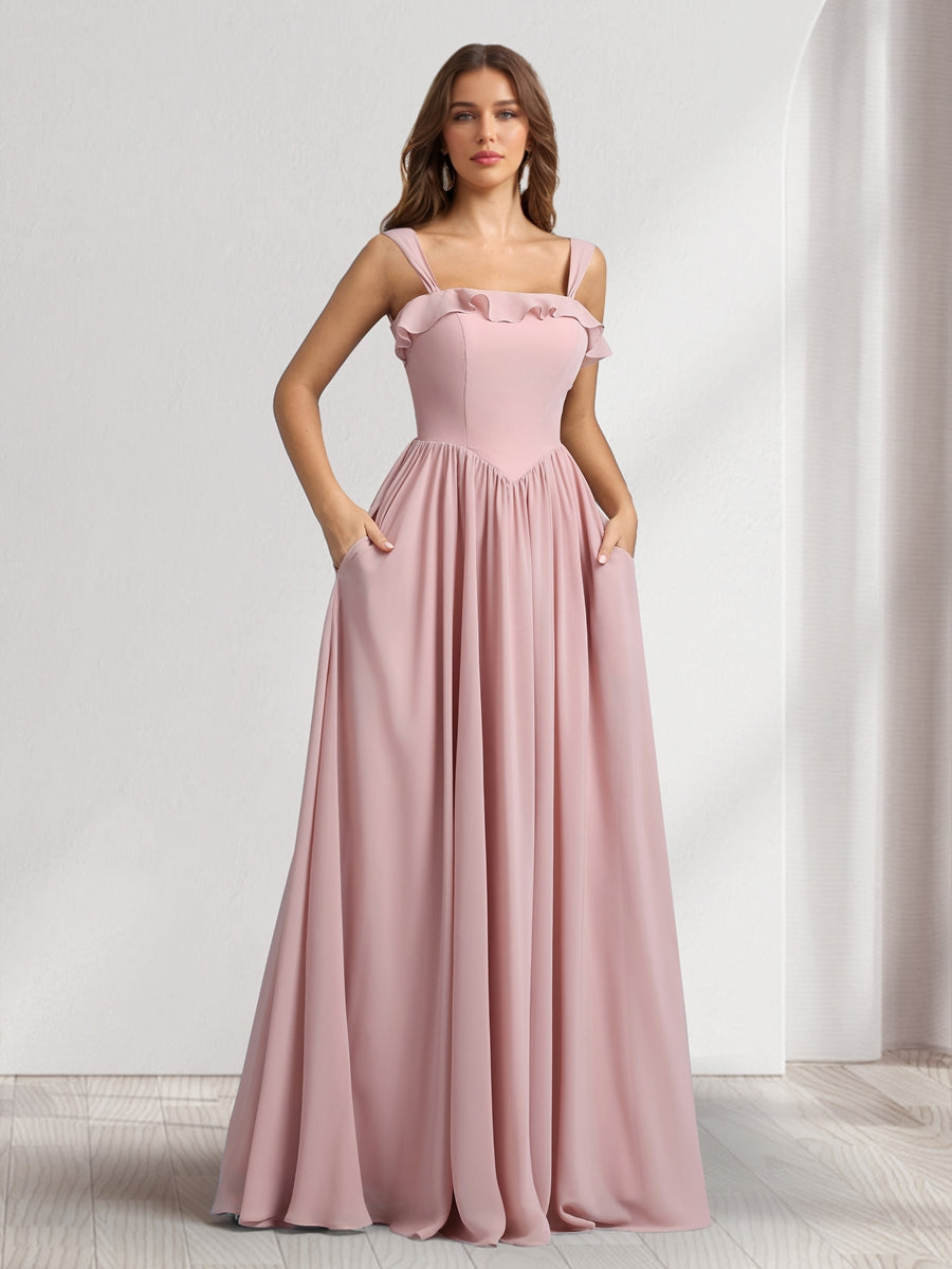 A Line Princess Square Neck Sleeveless Floor Length Bridesmaid Dresses With Pleats Ruffles