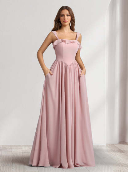 A Line Princess Square Neck Sleeveless Floor Length Bridesmaid Dresses With Pleats Ruffles