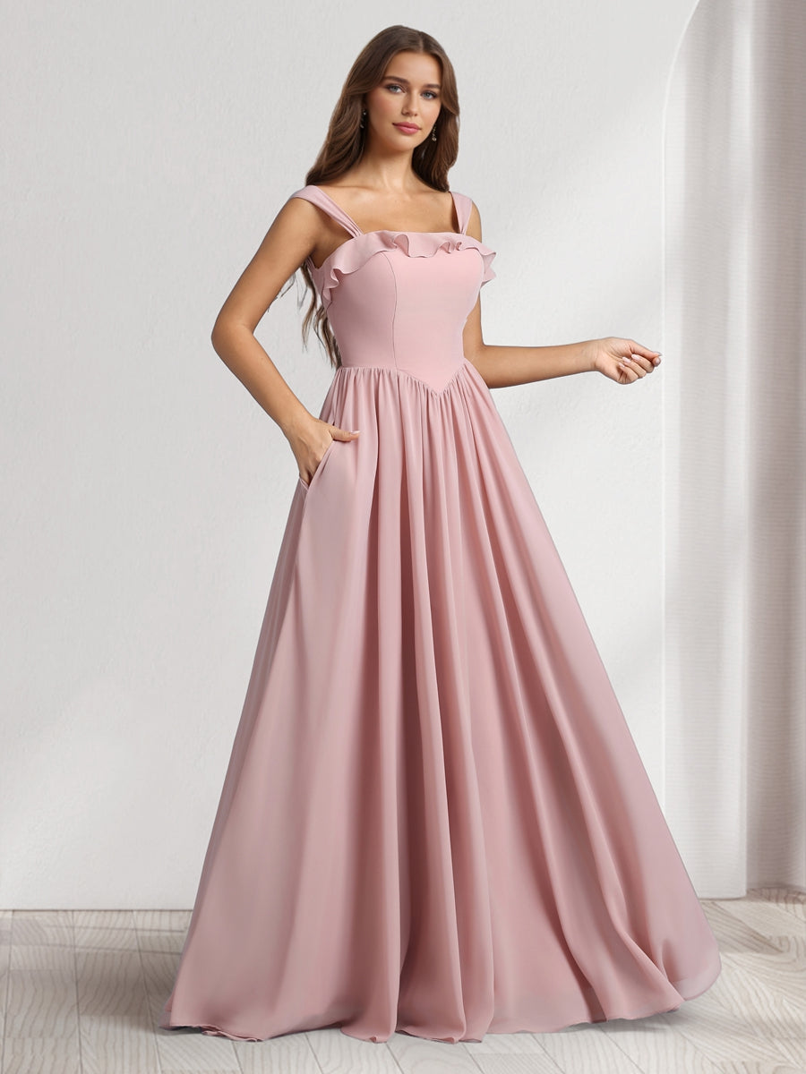 A Line Princess Square Neck Sleeveless Floor Length Bridesmaid Dresses With Pleats Ruffles