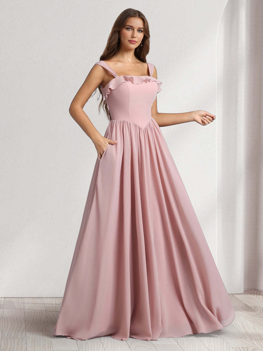 A Line Princess Square Neck Sleeveless Floor Length Bridesmaid Dresses With Pleats Ruffles