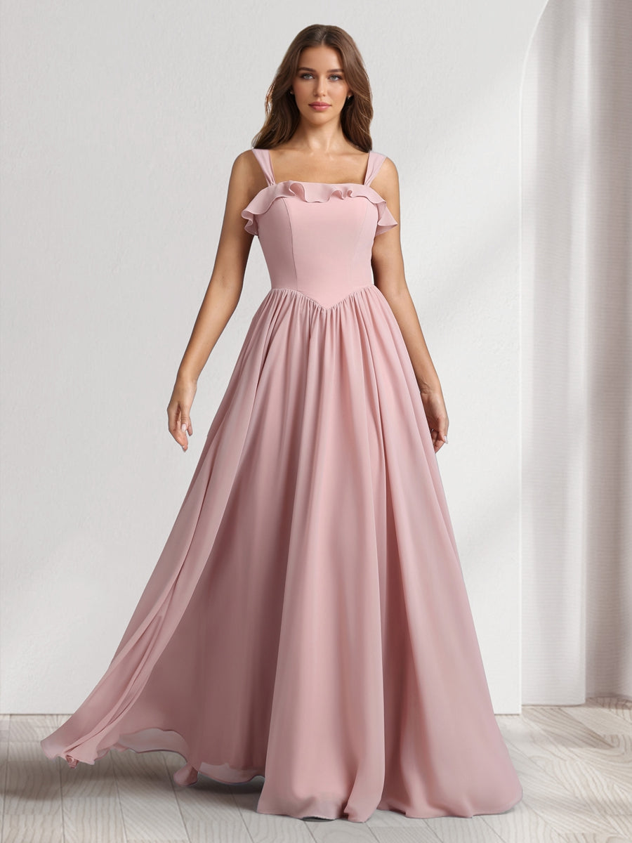 A Line Princess Square Neck Sleeveless Floor Length Bridesmaid Dresses With Pleats Ruffles