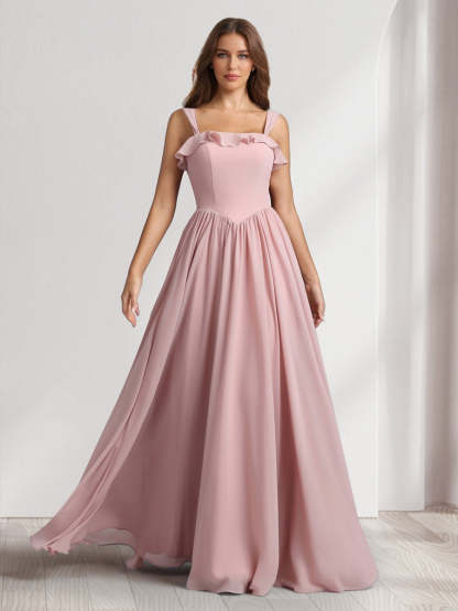 A Line Princess Square Neck Sleeveless Floor Length Bridesmaid Dresses With Pleats Ruffles