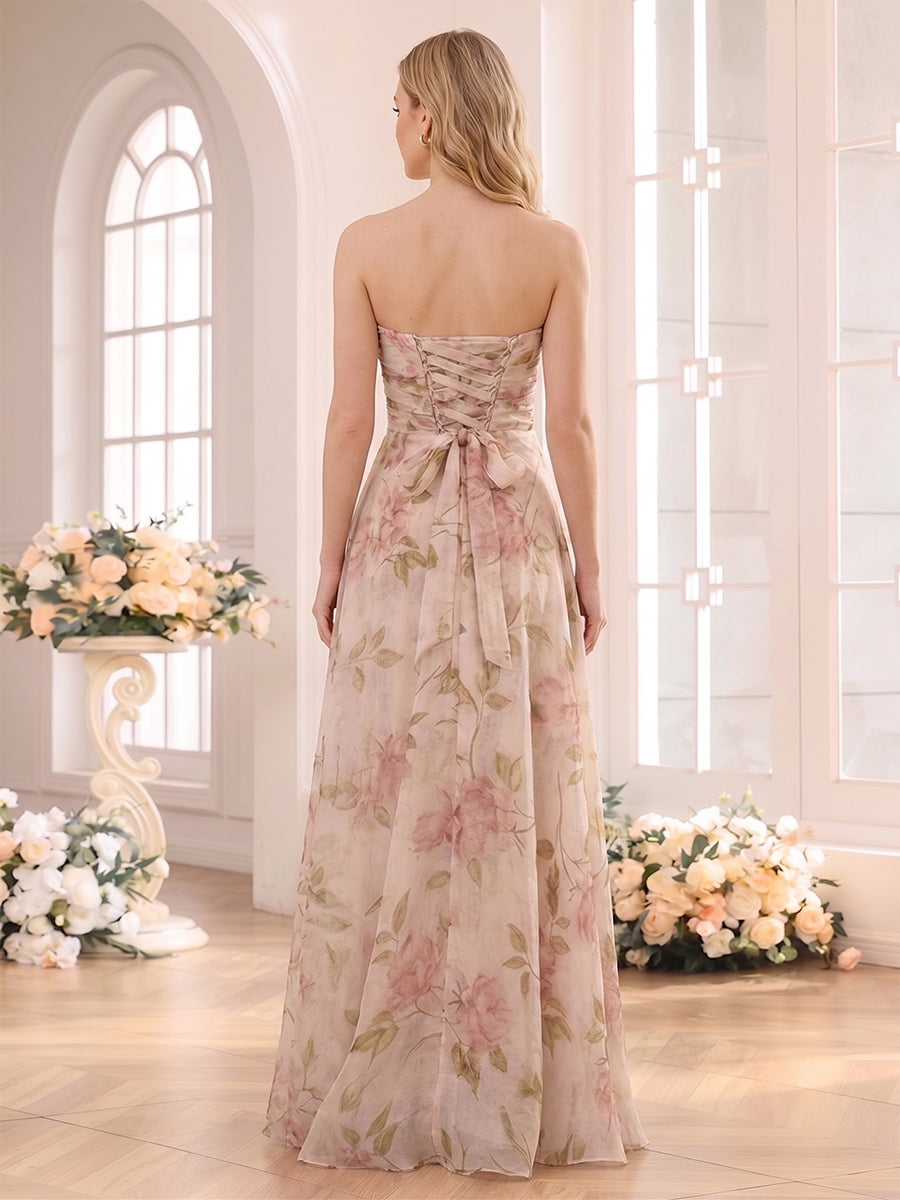 A Line Princess Strapless Sleeveless Floor Length Bridesmaid Dresses with 3D Floral Ruffles