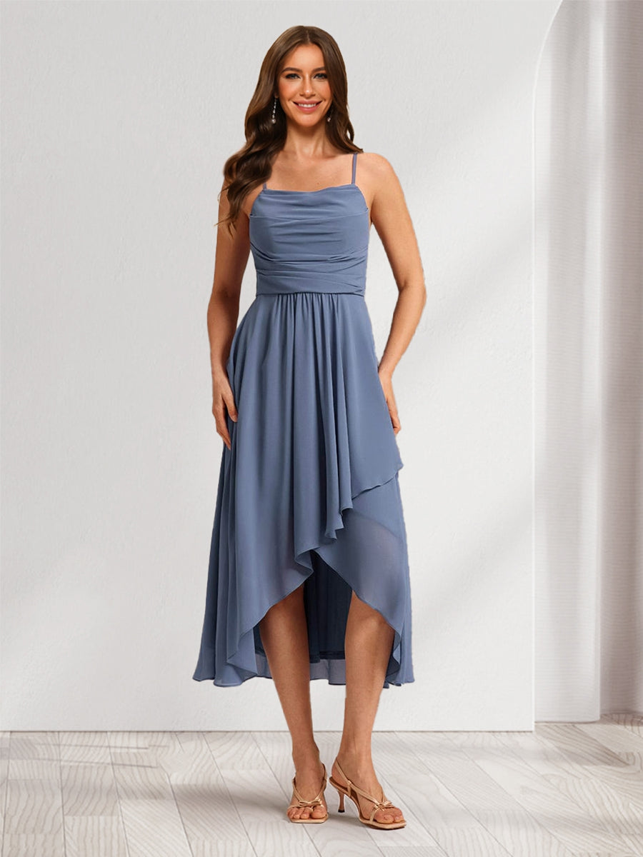 A Line Princess Straps Tea Length Asymmetrical Chiffon Bridesmaid Dresses