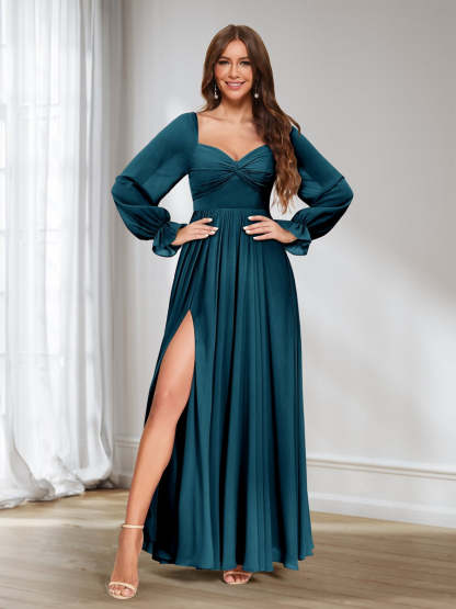 A Line Princess Sweetheart Chiffon Long Sleeves Bridesmaid Dresses with Split Side