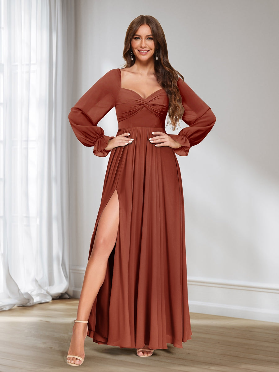 A Line Princess Sweetheart Chiffon Long Sleeves Bridesmaid Dresses with Split Side