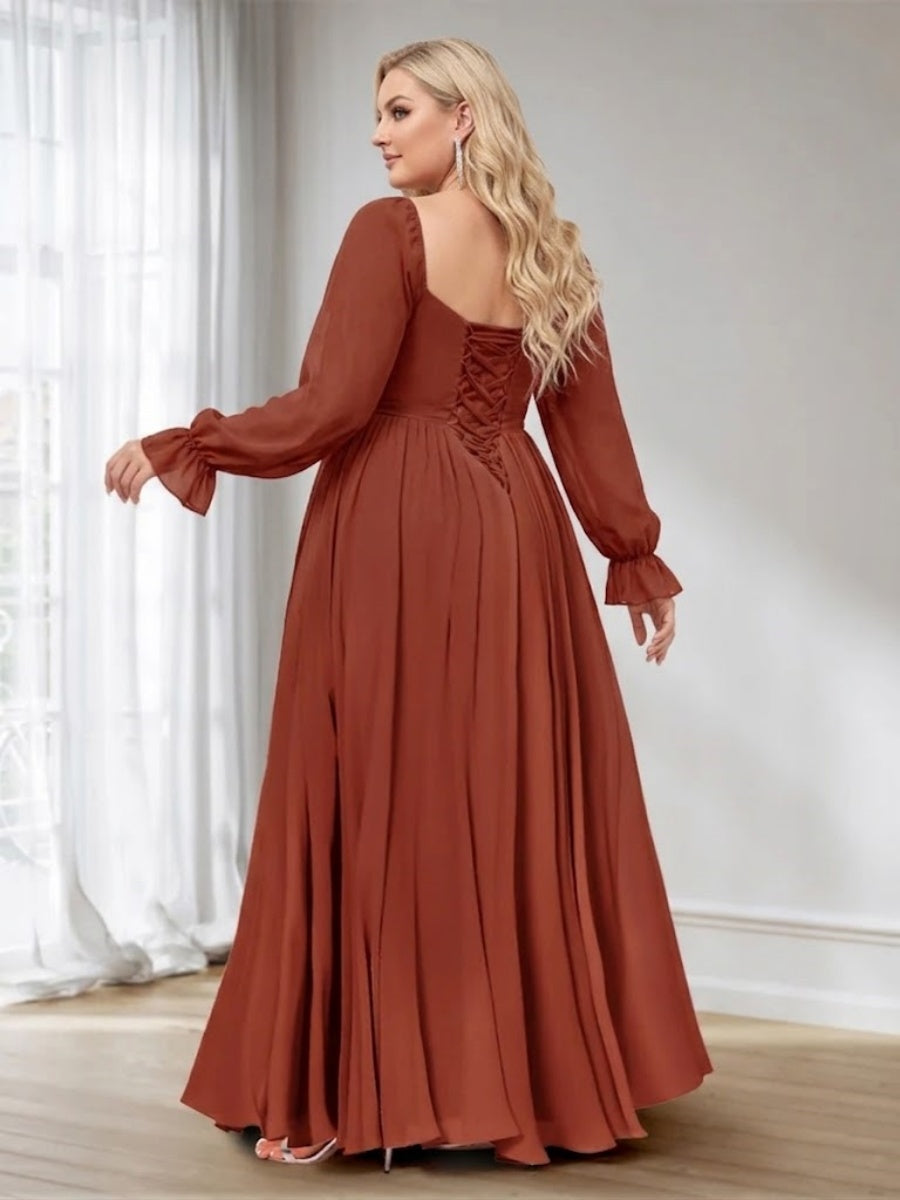 A Line Princess Sweetheart Chiffon Long Sleeves Plus Size Bridesmaid Dresses with Split Side