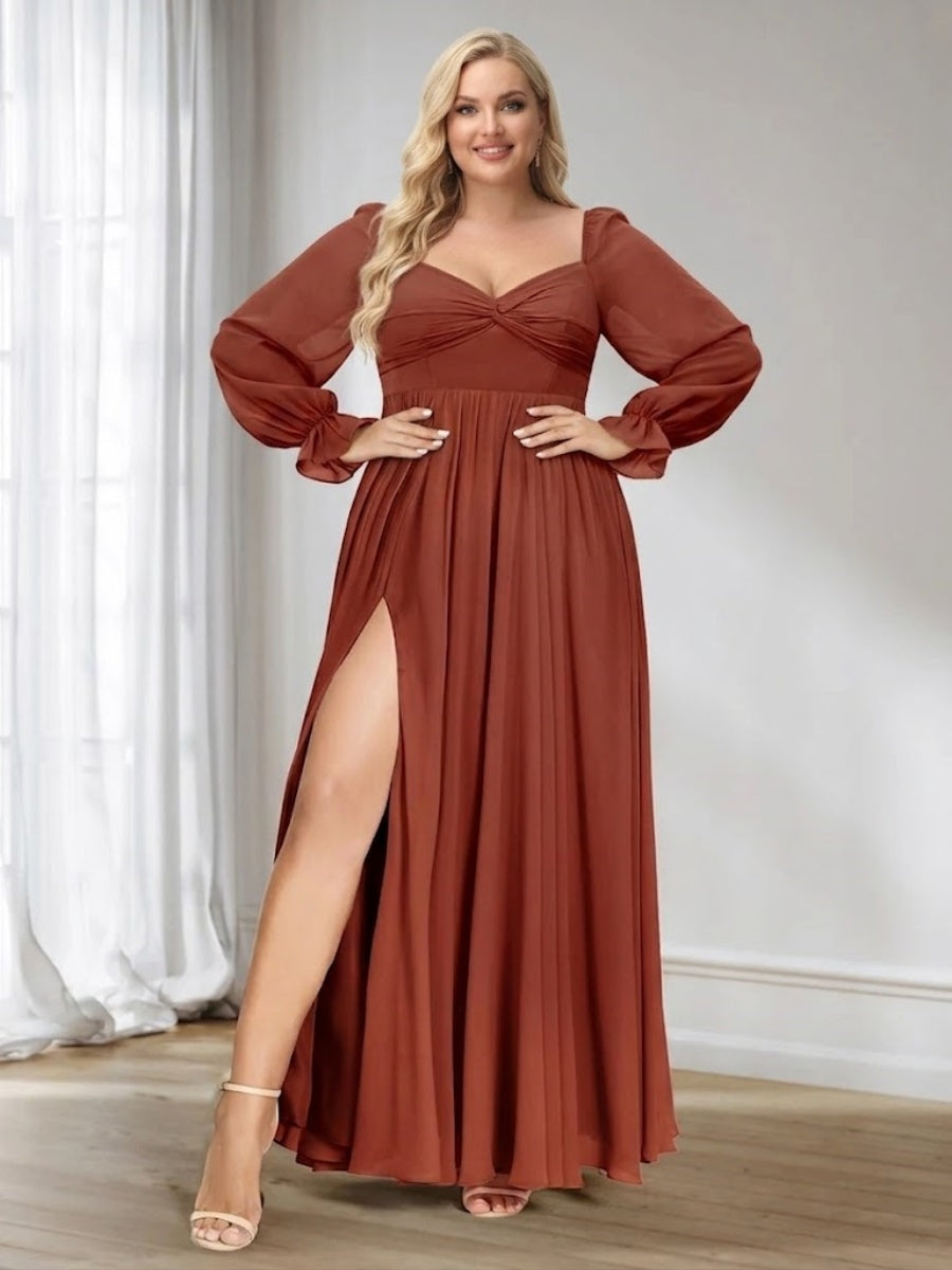A Line Princess Sweetheart Chiffon Long Sleeves Plus Size Bridesmaid Dresses with Split Side