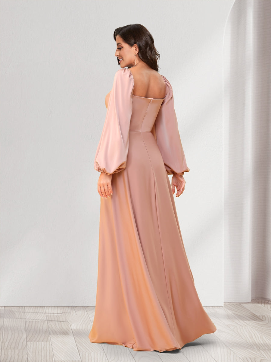 A Line Princess Sweetheart Long Sleeves Floor Length Ruched Bridesmaid Dresses With Split Side
