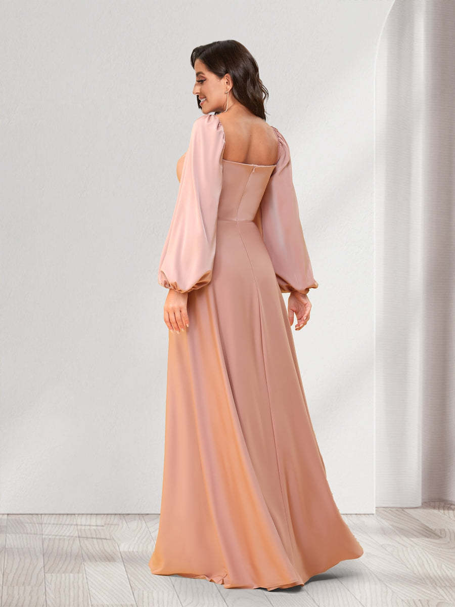 A Line Princess Sweetheart Long Sleeves Floor Length Ruched Bridesmaid Dresses With Split Side