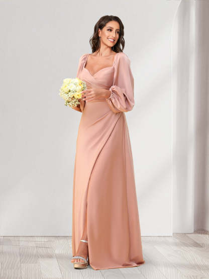 A Line Princess Sweetheart Long Sleeves Floor Length Ruched Bridesmaid Dresses With Split Side