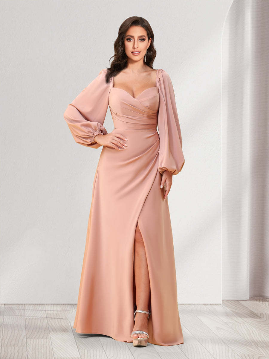 A Line Princess Sweetheart Long Sleeves Floor Length Ruched Bridesmaid Dresses With Split Side