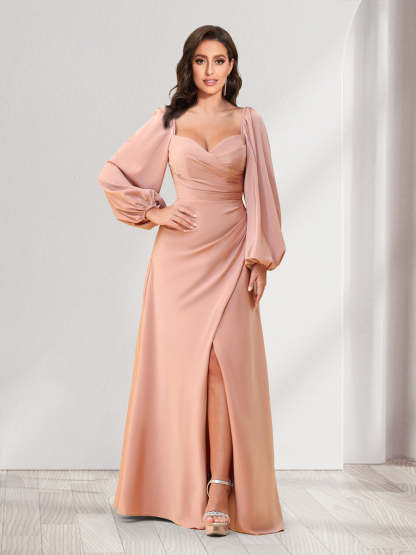 A Line Princess Sweetheart Long Sleeves Floor Length Ruched Bridesmaid Dresses With Split Side