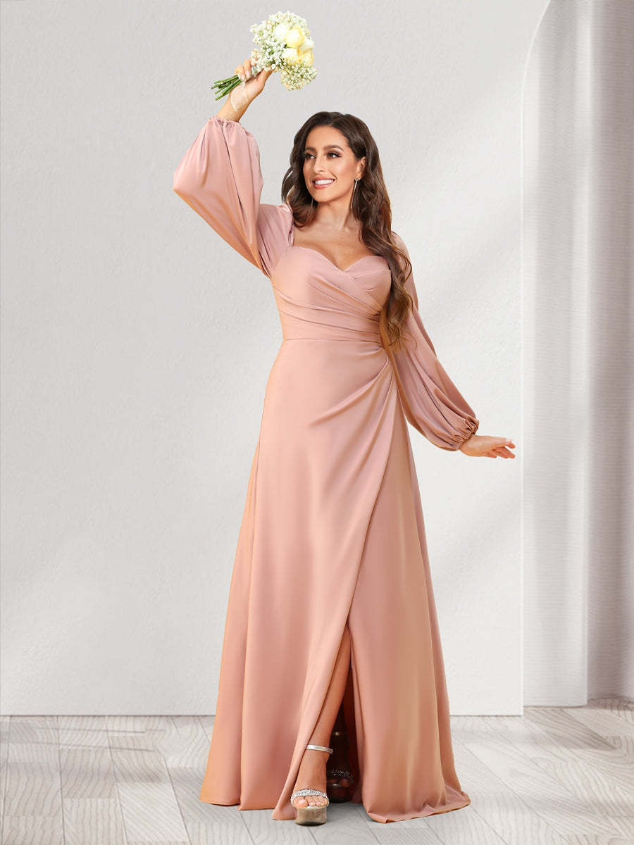 A Line Princess Sweetheart Long Sleeves Floor Length Ruched Bridesmaid Dresses With Split Side
