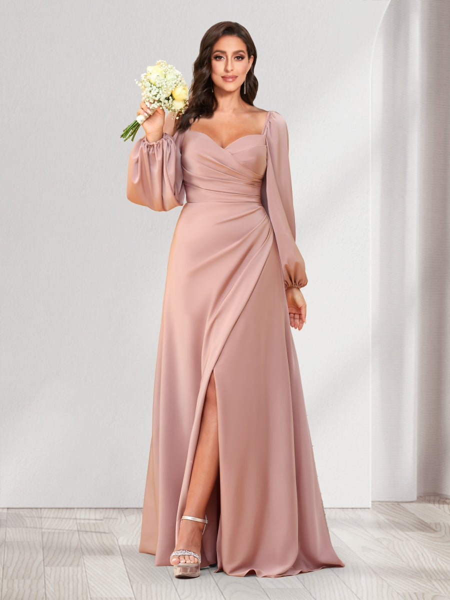 A Line Princess Sweetheart Long Sleeves Floor Length Ruched Bridesmaid Dresses With Split Side