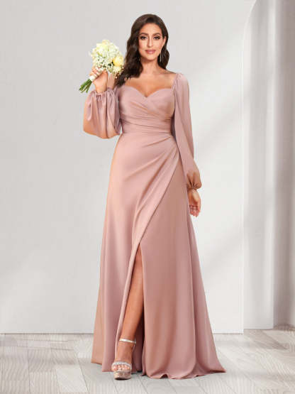 A Line Princess Sweetheart Long Sleeves Floor Length Ruched Bridesmaid Dresses With Split Side