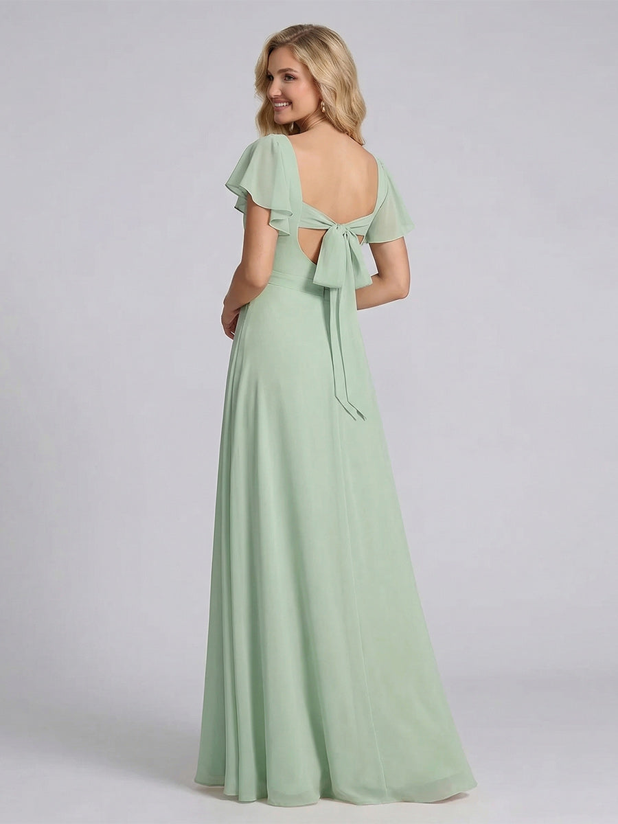 A Line Princess Sweetheart Short Sleeves Floor Length Bridesmaid Dresses with Ruffles