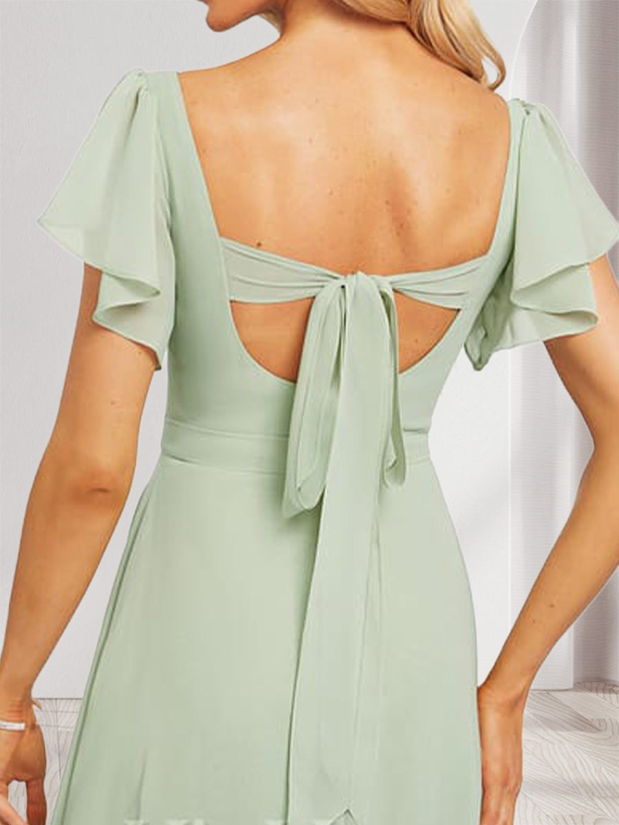A Line Princess Sweetheart Short Sleeves Floor Length Bridesmaid Dresses with Ruffles