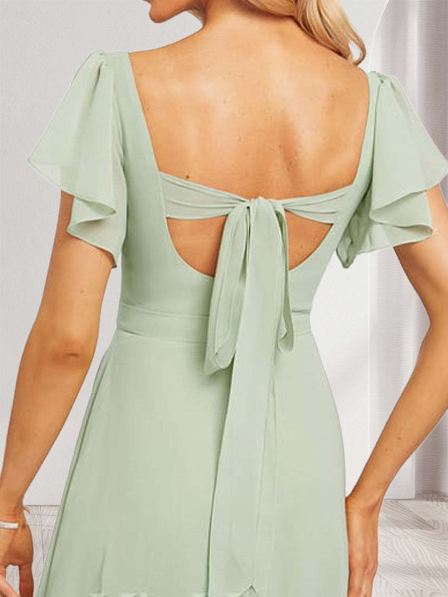 A Line Princess Sweetheart Short Sleeves Floor Length Bridesmaid Dresses with Ruffles