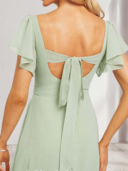 A Line Princess Sweetheart Short Sleeves Floor Length Bridesmaid Dresses with Ruffles