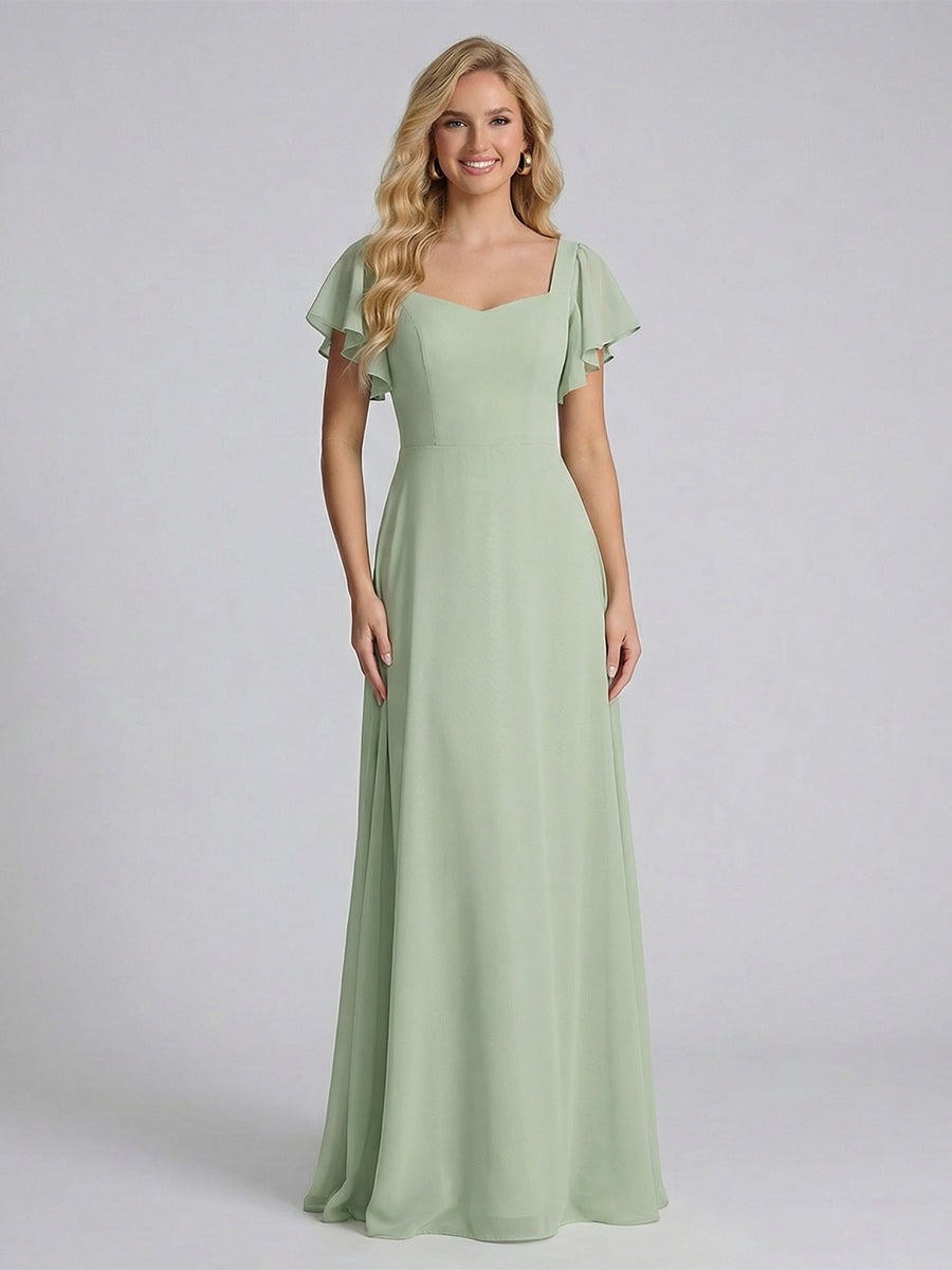 A Line Princess Sweetheart Short Sleeves Floor Length Bridesmaid Dresses with Ruffles